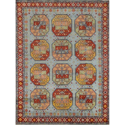 Geometric Blue Khotan Indian Area Rug Handmade Wool Carpet - 7'11"x 9'10"