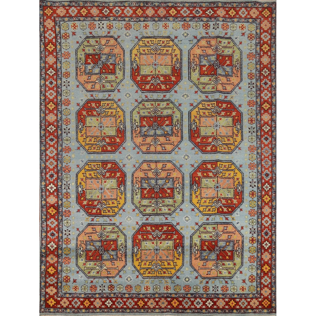 Geometric Blue Khotan Indian Area Rug Handmade Wool Carpet - 7'11"x 9'10"