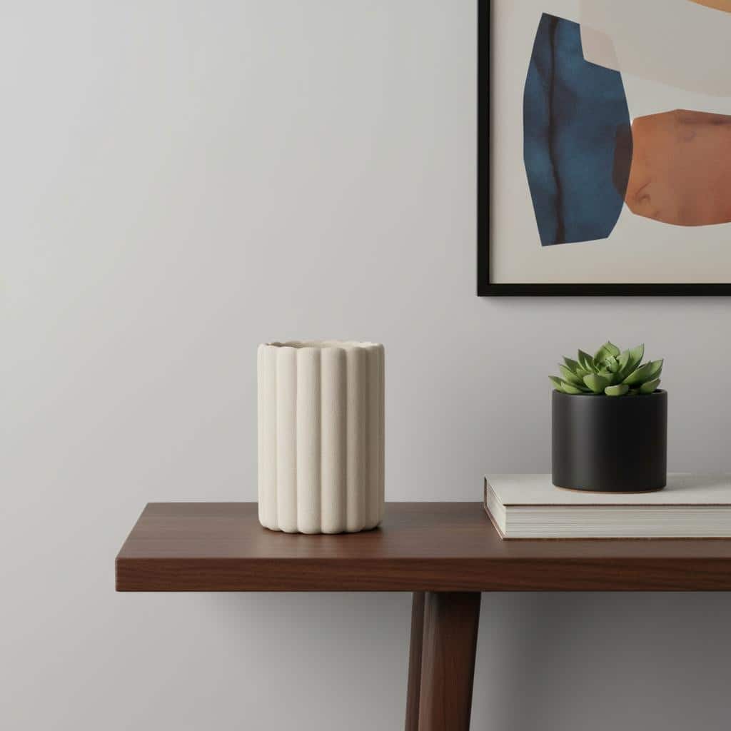 11" Beige Cylinder Ribbed Texture Ceramic Table Vase - 7.48