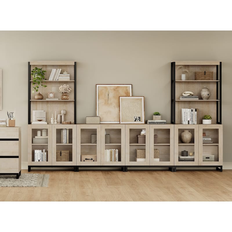 Modern 72" Tall Bookcases with Glass Doors and Adjustable Shelves, Wood Bookshelves for Home Office, Living room. - Beige - 126 inches