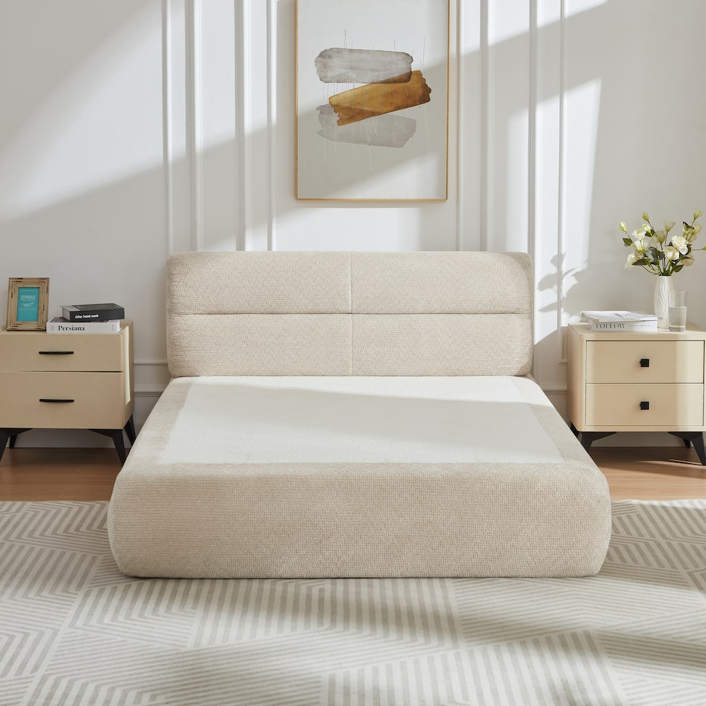 Roomfitters Modern Upholstered Platform Bed, Low Profile Chenille Bed Frame with Padded Headboard for Bedroom