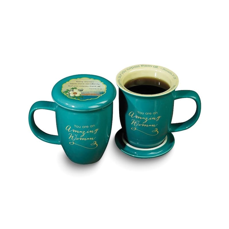 Curata Amazing Woman Proverbs 31:29 Teal 14 Oz. Ceramic Mug and Coaster Set Boxed