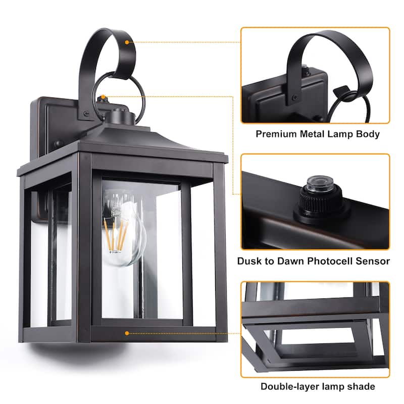 2 Pack 1-Light Matte Black Dusk to Dawn Outdoor Wall Lantern Sconce - 2 Pack