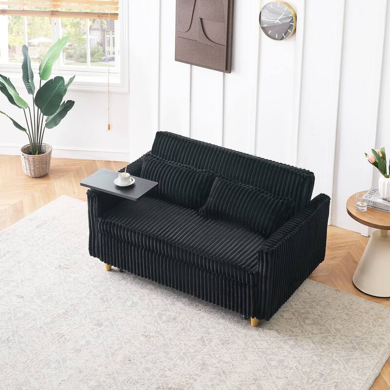 Dual-function Black Corduroy Pull-out Sofa with Movable Tabletop and USB Ports - Multi-Color