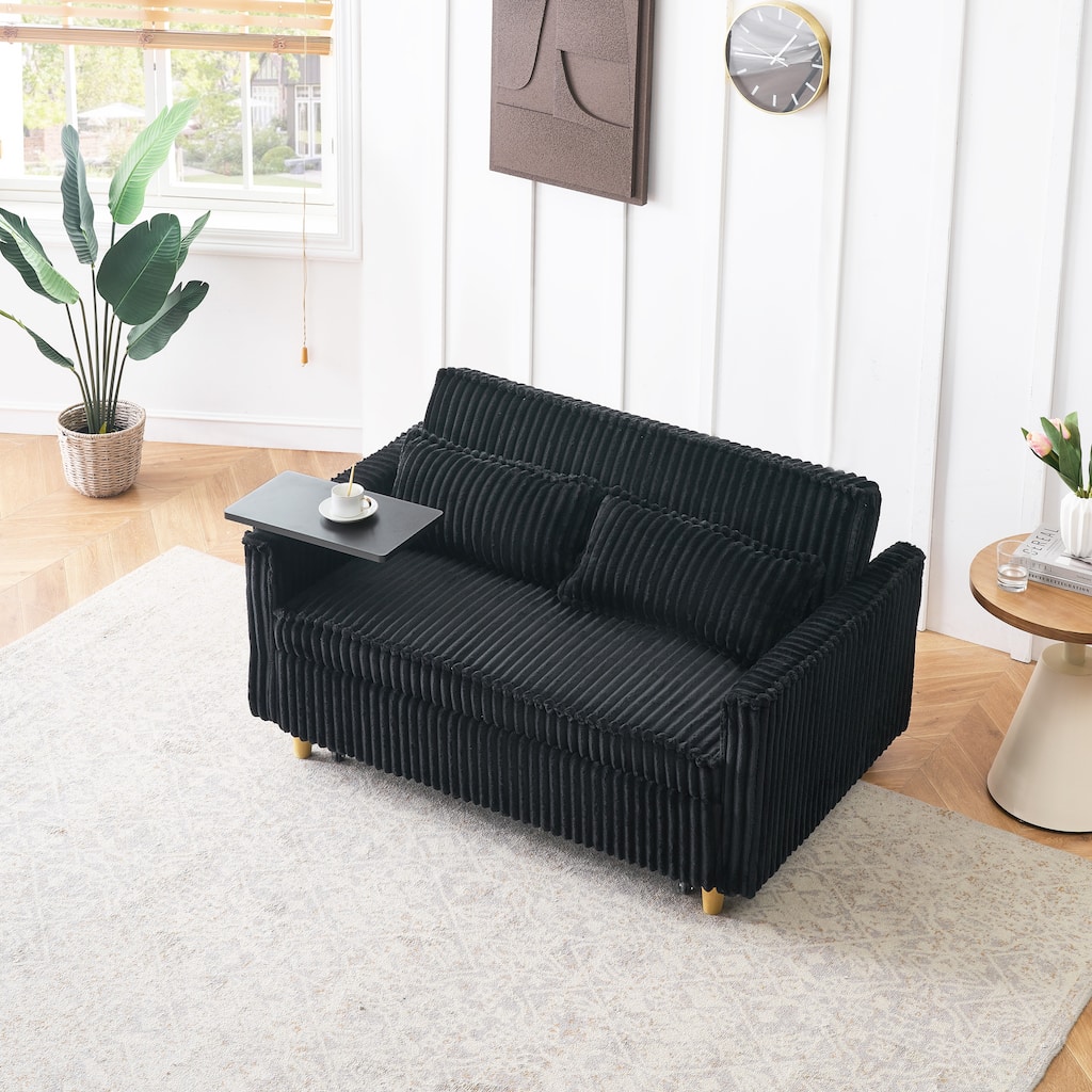Multifunctional Black Corduroy Sofa with Movable Tabletop, USB Ports, and Rollers for Easy Transformation