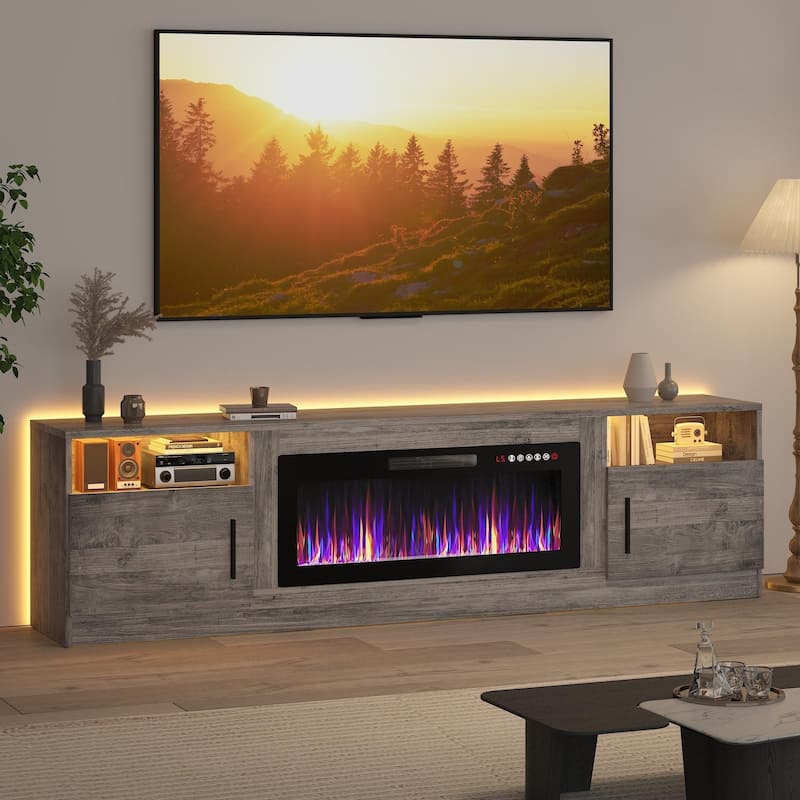 BOSSIN 80" Modern Electric Fireplace TV Stand with 20-Color LED Lights, Fits Up to 90" TV, Adjustable Shelves & Storage Cabinets - Grey