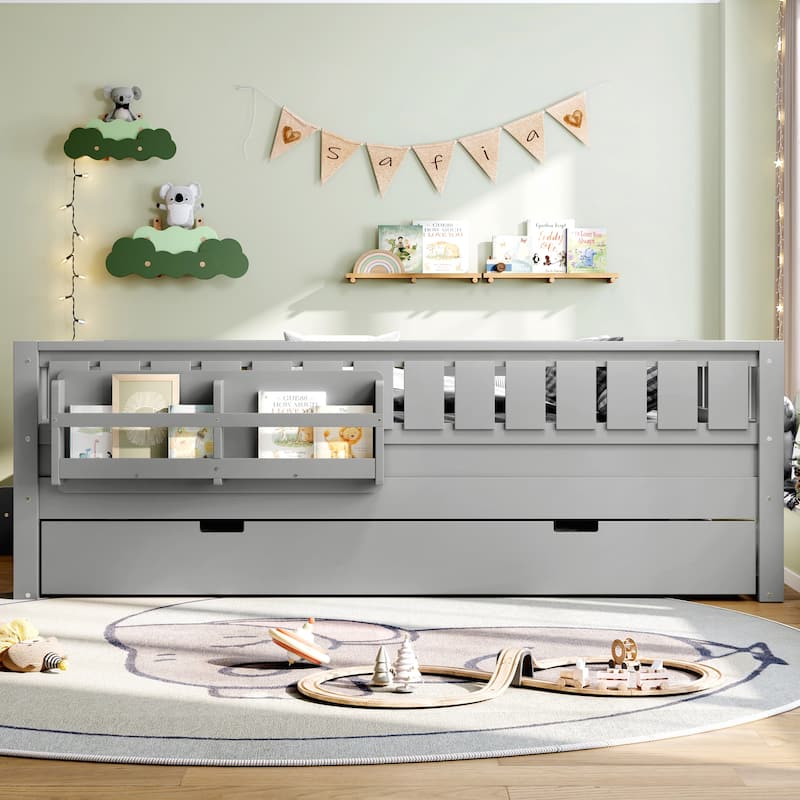 Roomfitters Floor Bed with Bookshelf and Trundle, Low Profile Frame with Step Entry