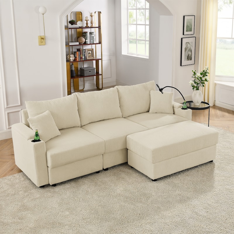 L-shaped Sectional Sofa Corduroy Deep Seat Couch with Ottoman Chaise Lounge, Storage Armrests, Cup Holders and Phone Stand - Beige