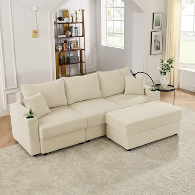 L-shaped Sectional Sofa Corduroy Deep Seat Couch with Ottoman Chaise Lounge, Storage Armrests, Cup Holders and Phone Stand