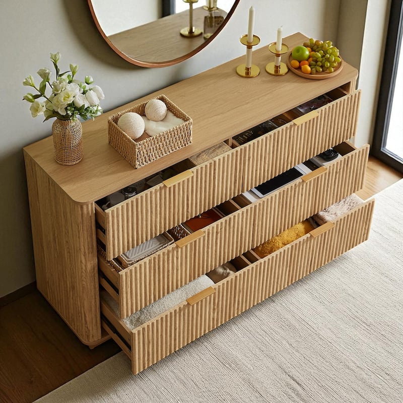 Modern 6 Drawer Dresser with Wave Front Design, Wide Storage Chest and TV Stand, 55" Wooden Organizer Cabinet