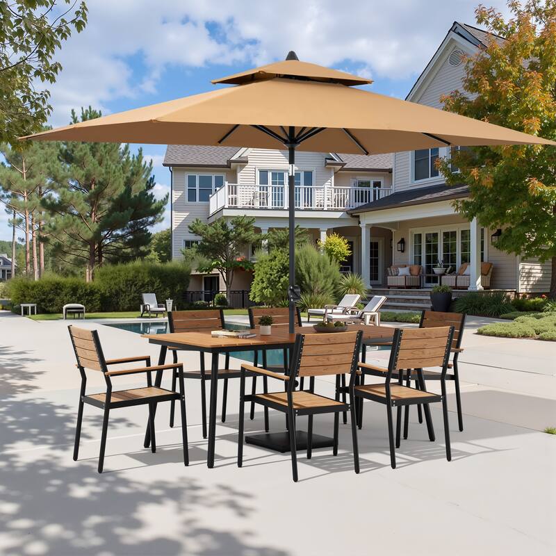 9-Piece Patio Dining Set Outdoor Aluminum Dining Table and Stackable Chairs with Umbrella and Base - Brown
