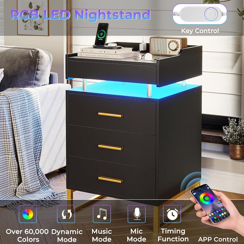 3 Drawers LED Nightstand Charging Station End Table