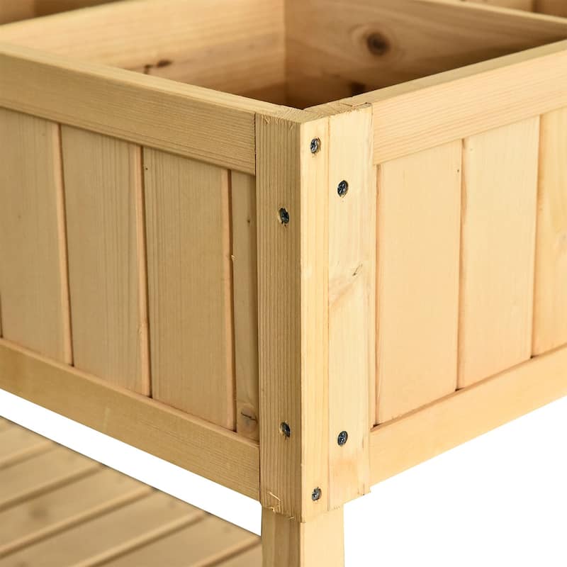 Raised Garden Bed with 8 Pockets and Shelf, Wooden Elevated Box with Legs to Grow Herbs, Vegetables, and Flowers, Natural