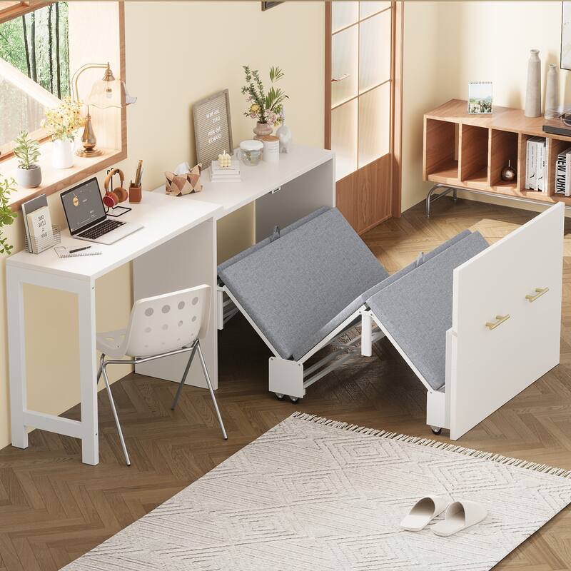 2 in 1 Murphy Bed ,Twin Size Murphy Cabinet Bed with Adjustable Position Desk, Murphy Chest Dresser Bed with Foldable Cushion - White