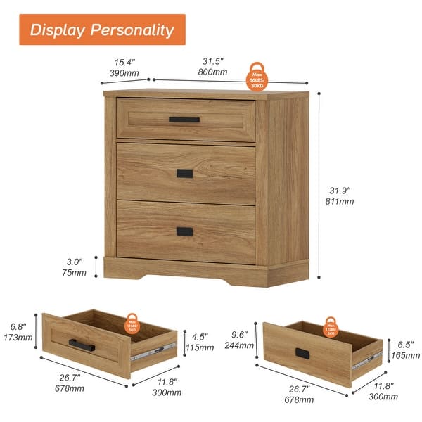 dimension image slide 2 of 12, WAMPAT Mid Century Modern Dresser, 31.9" Tall Storage Cabinet with Drawers