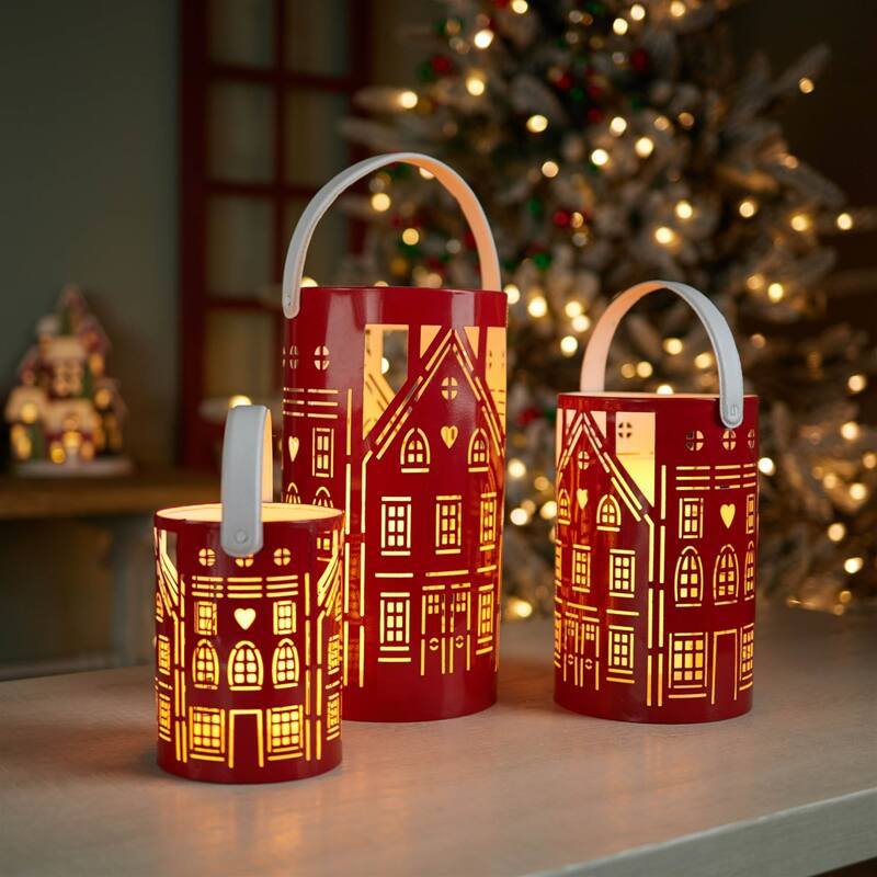 Punched Metal House Candle Lanterns - 12.5" - Red and White - Set of 3