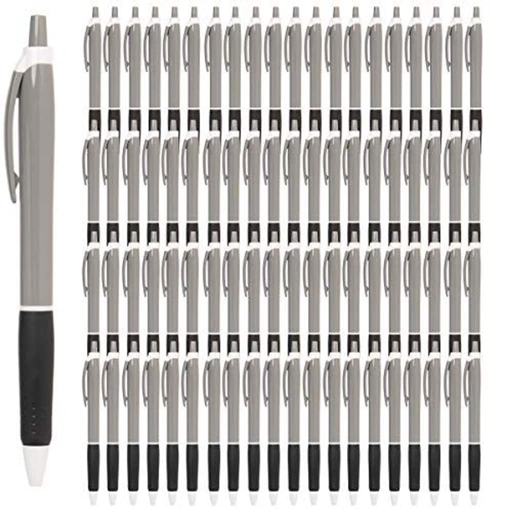 Paper Junkie 100 Pack Gray/Black Retractable Ballpoint Pens, Black Ink for School, Office, Journals, Notebooks