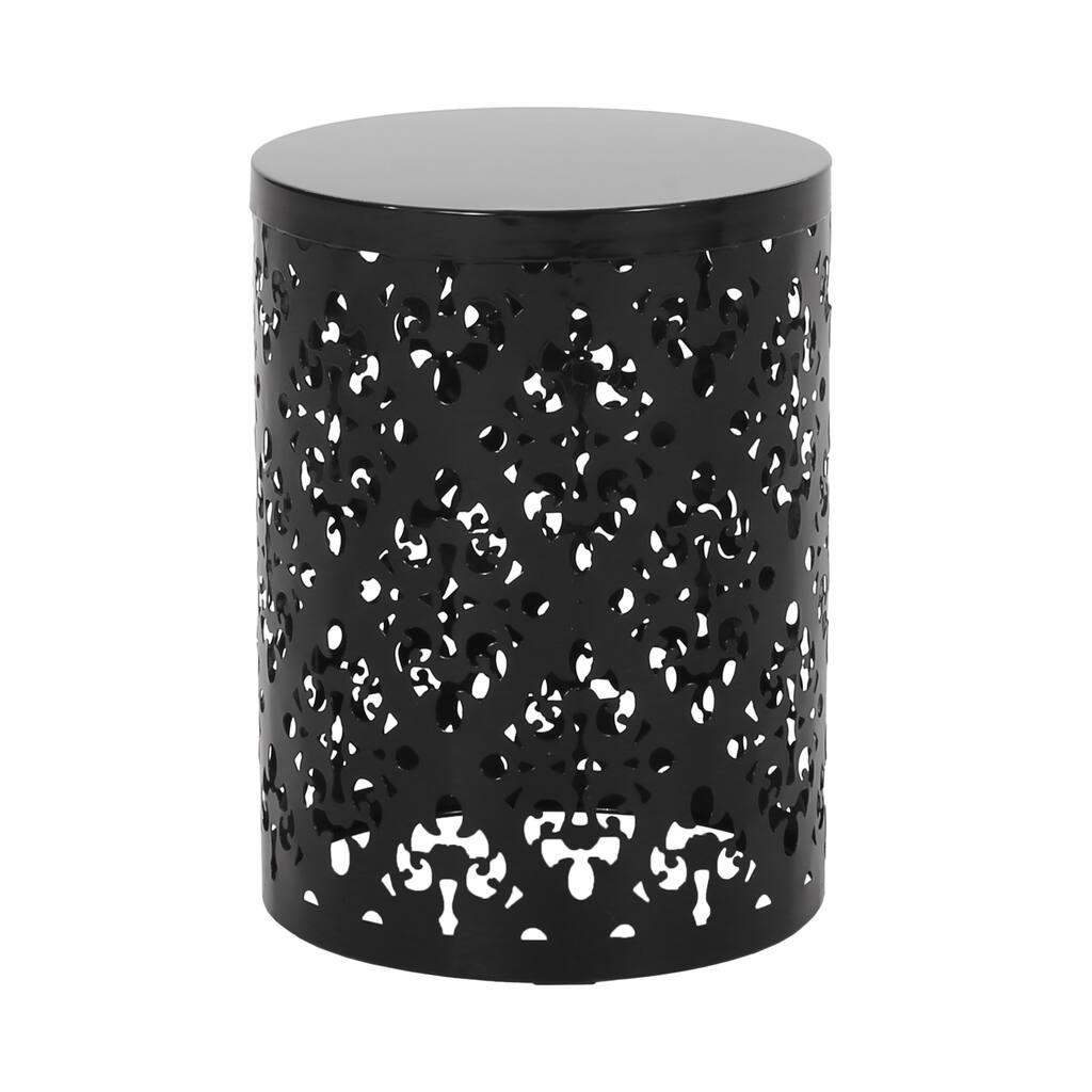 Kemo Outdoor End Table, Round 14 Inch, Cutout Design, Black Iron Frame