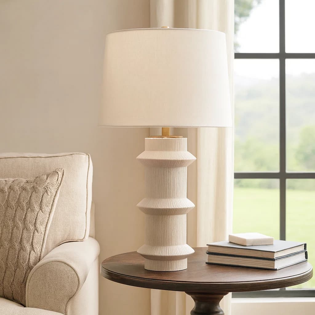 Disy Accent Table Lamp, Linen, Turned Sculptural Polyresin 30 Inch