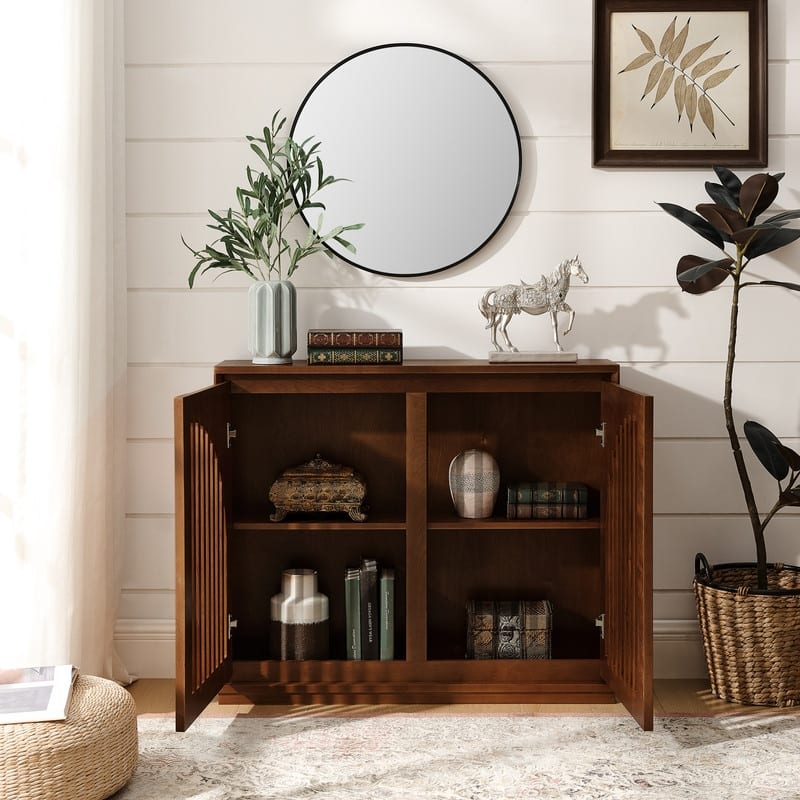 Mid Century Fluted Sideboard with 2 Outlets, Narrow Buffet Cabinet for Entryway & Kitchen