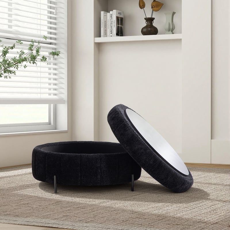 31.3"W Round Storage Ottoman, Footstool with Reversible Lid,Coffee Table,Metal Legs