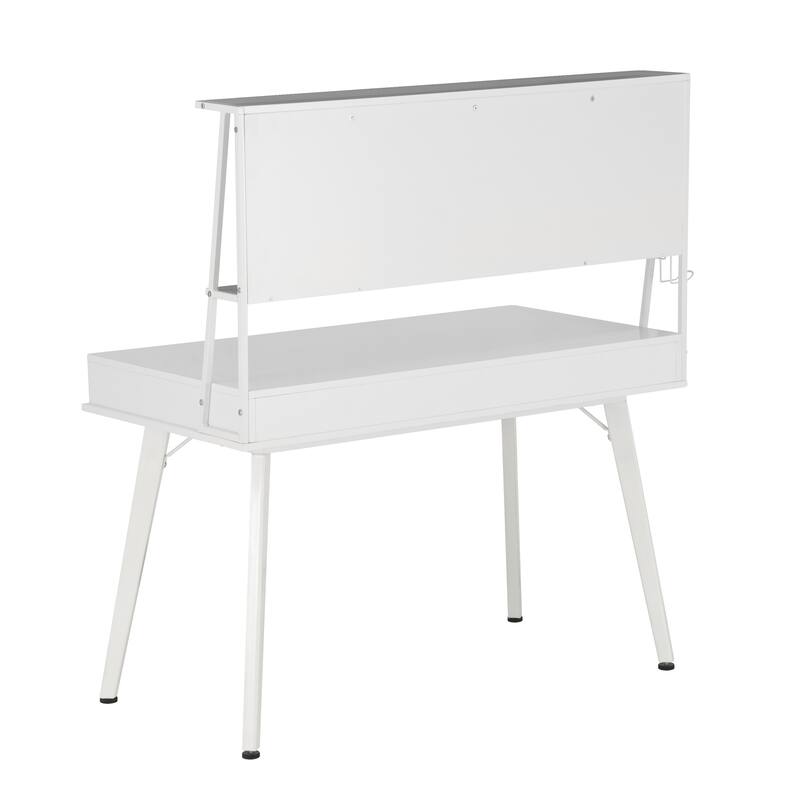 Modern Computer Desk with Magnetic Dry Erase Board, Open Storage Areas, and Top Shelf for Home Office or Study
