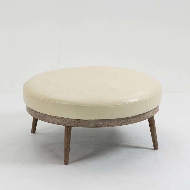 Krista 36-inch Round PU Leather Ottoman with Wood Framing - Cream
