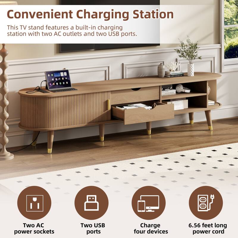 Wooden Oval TV Stand with Charging Station for TV up to 80", Fluted Sliding Tambour Door TV Cabinet Media Console, Natural