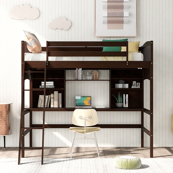 Moda Twin Size Loft Bed with Storage Shelves Desk Ladder Espresso