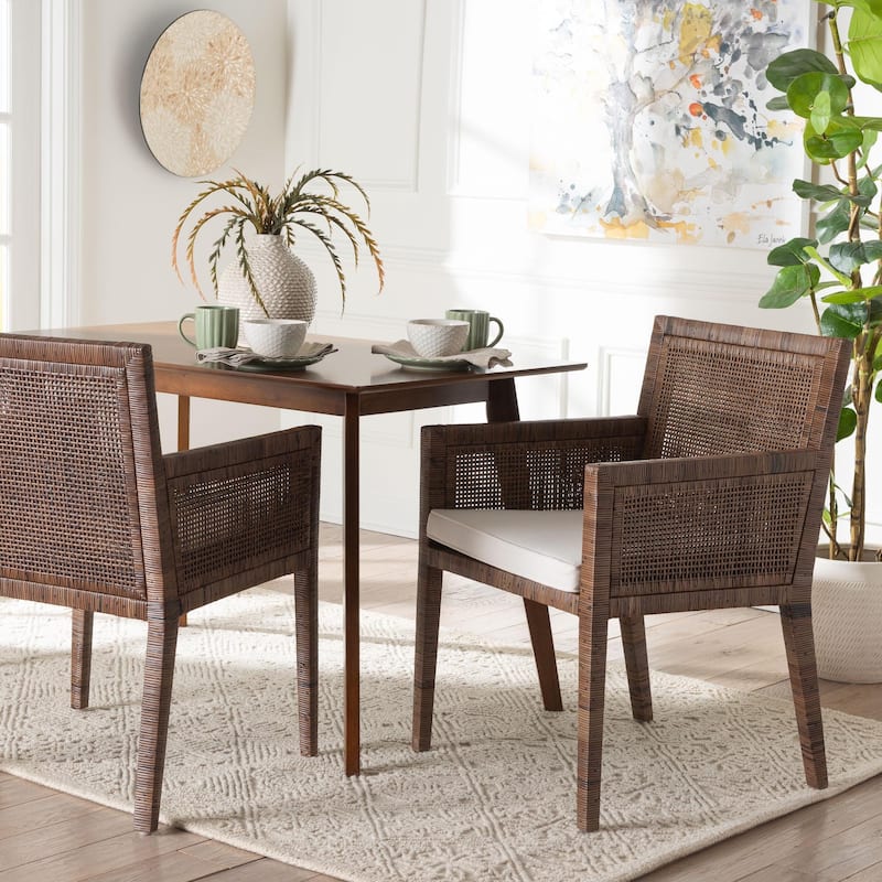 Karis Rattan Dining Chair - Handwoven Wicker Armchair with Mahogany Wood, Coastal Boho Style Indoor Seating