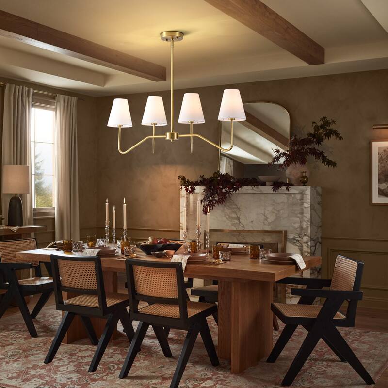 32.3" 4-Light Mid-Century Modern Gold/Black with Fabric White Cone Shades Kitchen Island Pendant Light