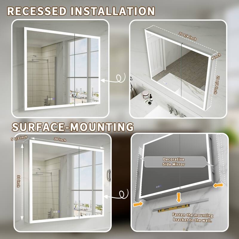 Modland 36"-48"W x 30"H LED Bathroom Medicine Cabinet Dimmable Anti-Fog,Recessed or Surface Mount