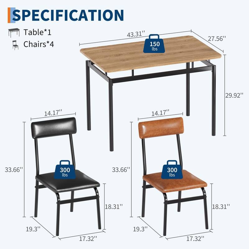5 Piece Dining Table Set for 4, Small Industrial Kitchen Table with PU Padded Chairs & Metal Frames