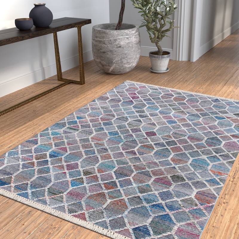 Sevita Hand-Woven Southwestern Jute-Blend Area Rug, White and Blue