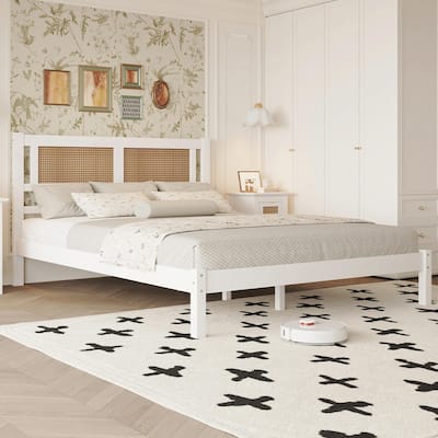 Wood Platform Bed with Natural Rattan Headboard, Elegant Minimalist Design