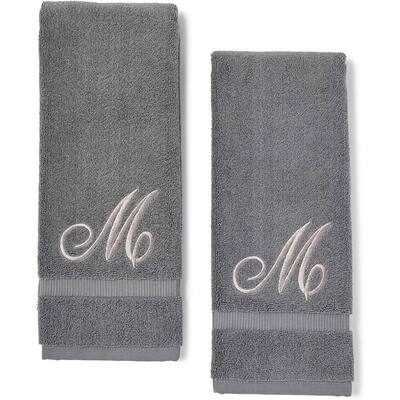 Monogrammed Hand Towels, Letter M Embroidered Gift (16 x 30 in, Grey, Set of 2)