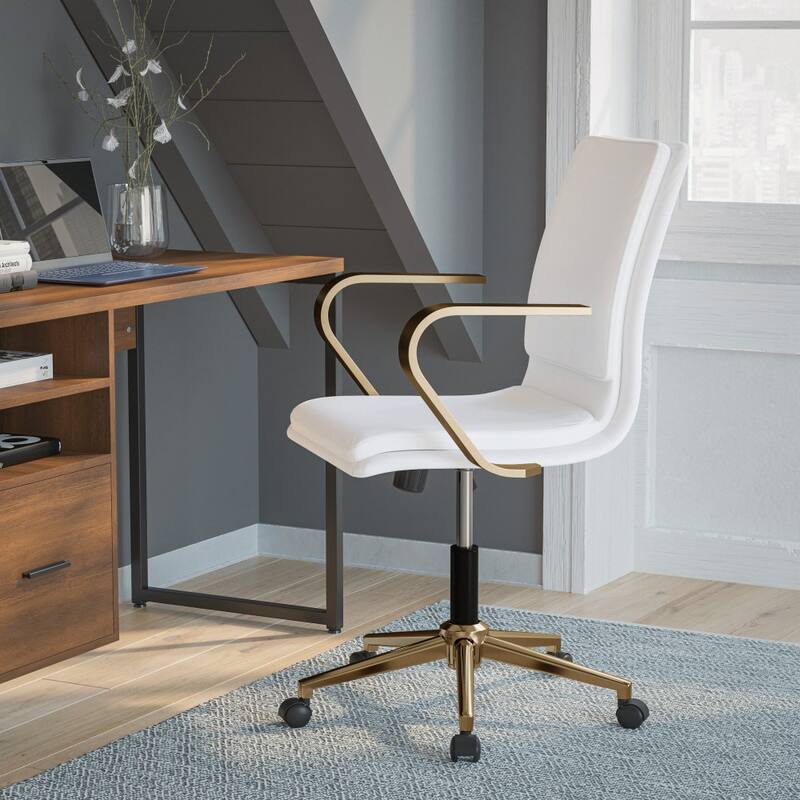 Designer Executive Swivel Office Chair with Arms - White/Gold