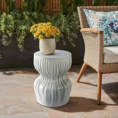 Ceramic Garden Stool Textured Wave Design for Home Decor - 19" White