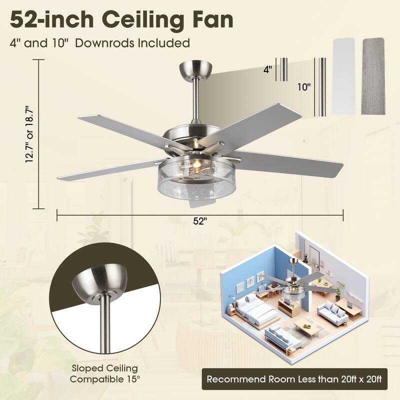 52-inch Modern Satin Nickel Bubble Shade Ceiling Fan with Light and Reversible Blades - 52'' W x 18.7" H