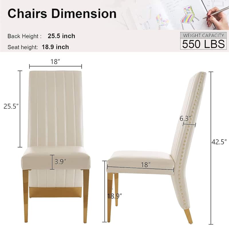 Modern Channel High Back Dining Chairs with Nailhead Trims and Polished Metal Legs