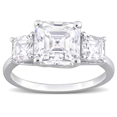 Miadora 3 1/2ct DEW Octagon Asscher-Cut Created Moissanite Three Stone Ring in Sterling Silver