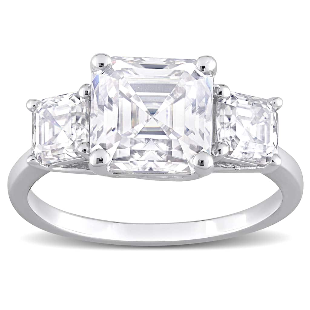 Miadora 3 1/2ct DEW Octagon Asscher-Cut Created Moissanite Three Stone Ring in Sterling Silver