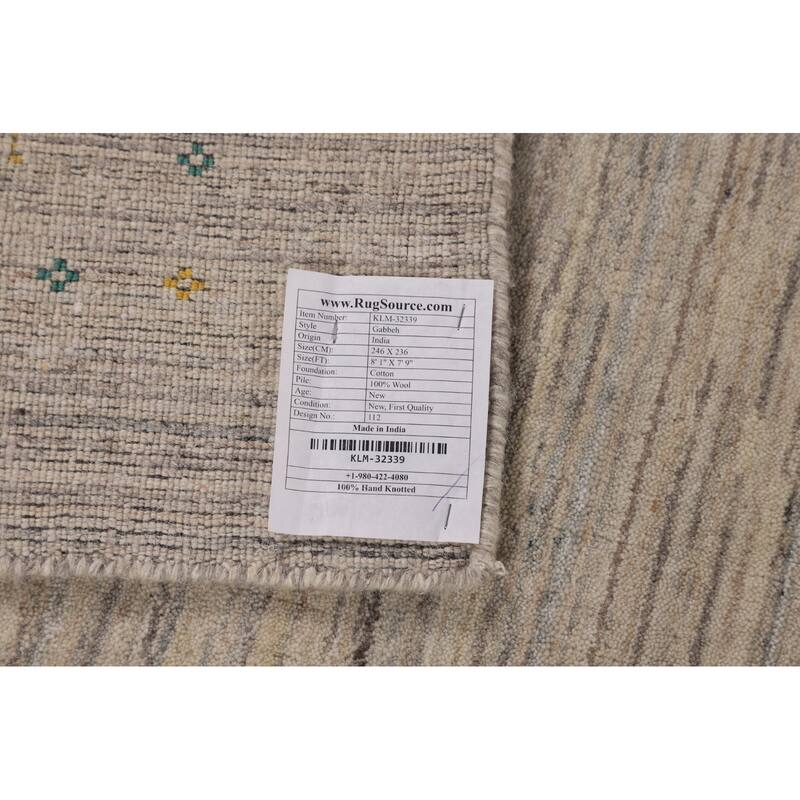 Striped Gabbeh Square Indian Square Area Rug Hand-Knotted Wool Carpet - 7'9"x 8'1"