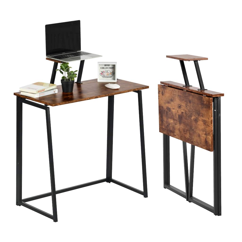 FurnitureR 31.5'' Folding Writing Desk with Shelf, Small Computer Desk with Removable Monitor Stand for Home Office Bedroom