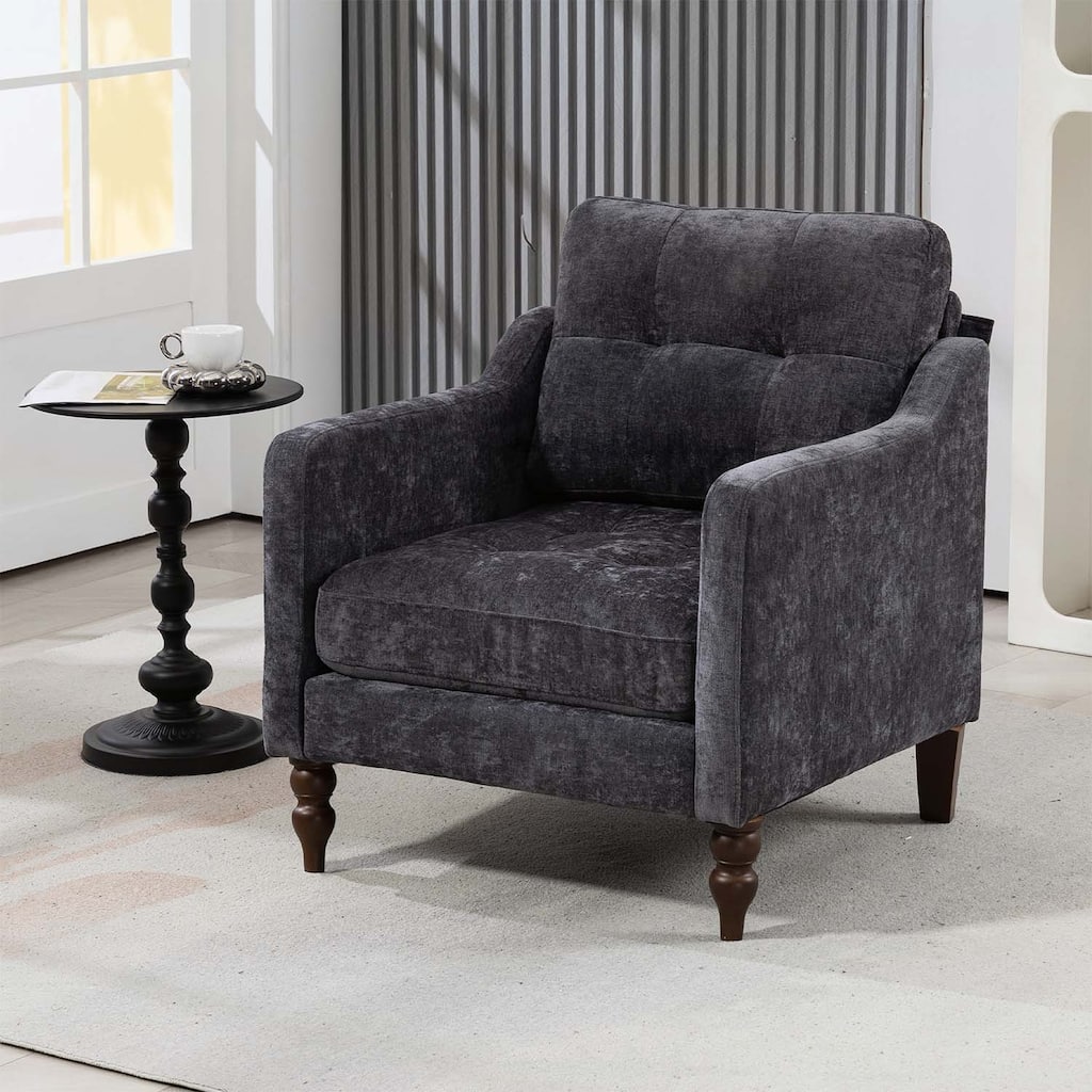 Accent Comfy Chair with USB Charging,Retro Wooden Legs,and Side Storage
