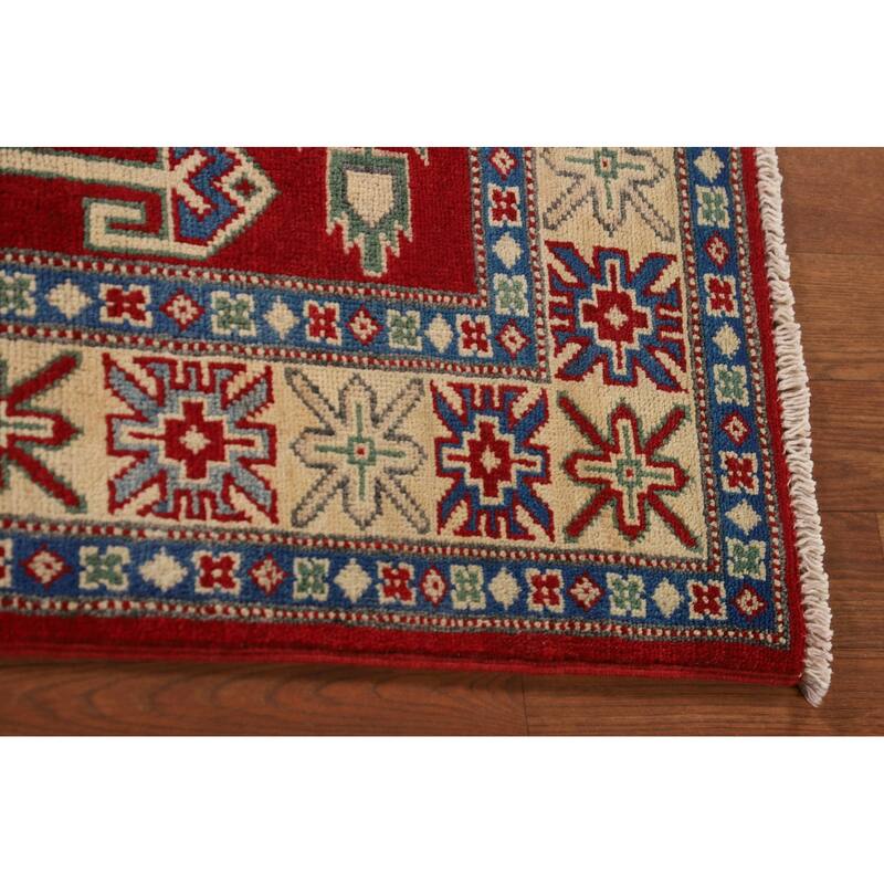 Geometric Kazak Rug Hand-Knotted Oriental Red Wool Carpet - 3'4"x 4'9"