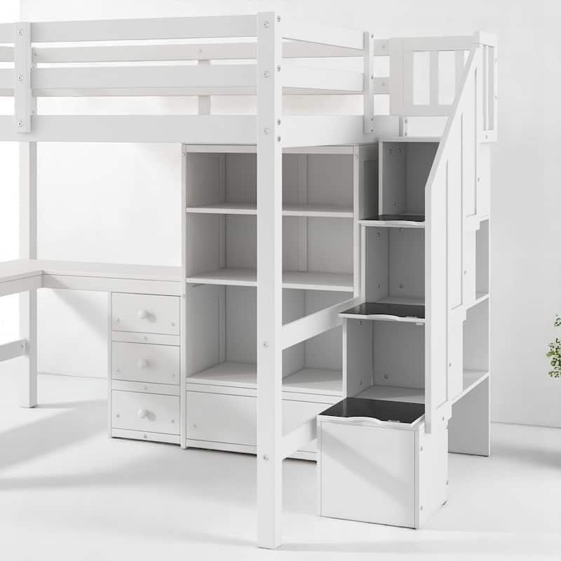 Space-Saving Full Loft Bed with Storage Stairs, Desk, Drawers & Cabinet - Solid Pine & MDF Construction