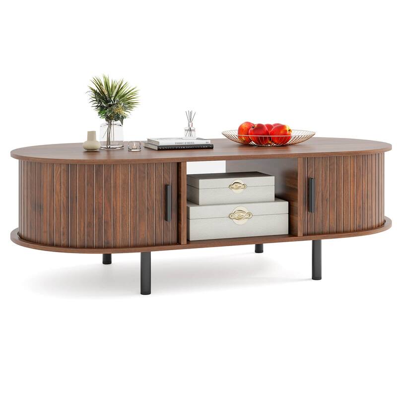 Costway 48" Mid Century Center Table with Sliding Fluted Doors & Open - See Details