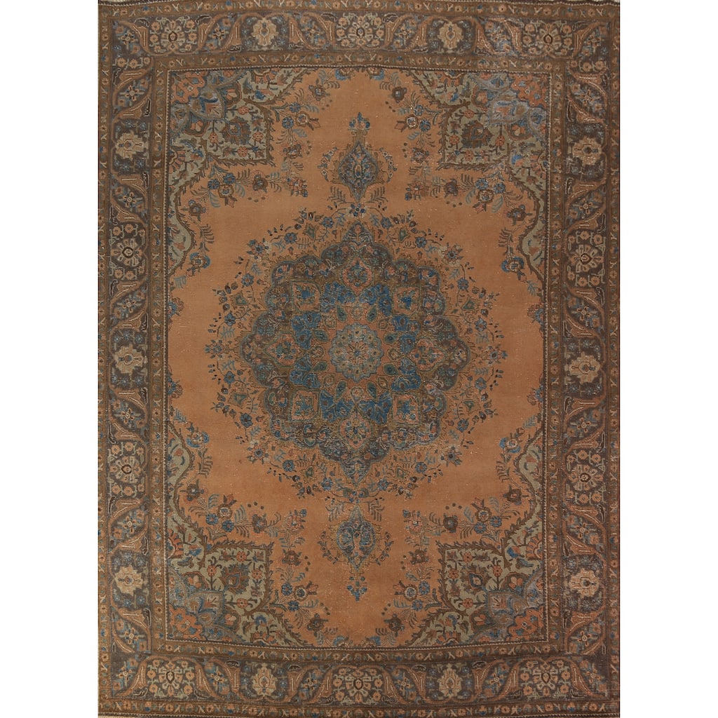 Orange Medallion Tabriz Persian Area Rug Hand-Knotted Wool Carpet - 9'7"x 12'10"