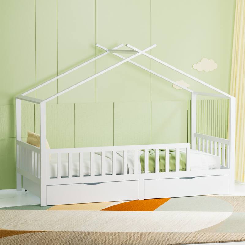 Full House Bed with 2 Storage Drawers, Kids Full Bed Frame with Rails and Roof,Wooden Full Daybed, Full Montessori Bed
